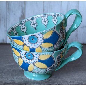 Pair 2 Anthropologie anthropology Akila twist turquoise footed coffee cup mug